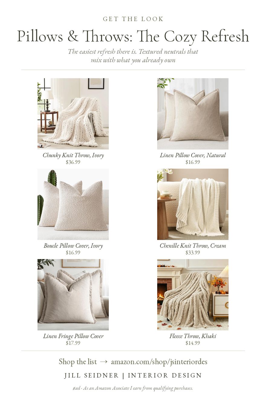 Pillows & Throws: The Cozy Refresh board by Jill Seidner Interior Design